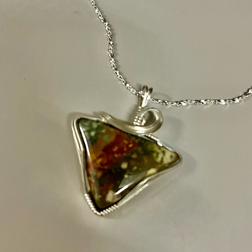Sterling Silver and Multicolor Elegant Ocean Jasper Triangular Necklace - Picture 2 of 6